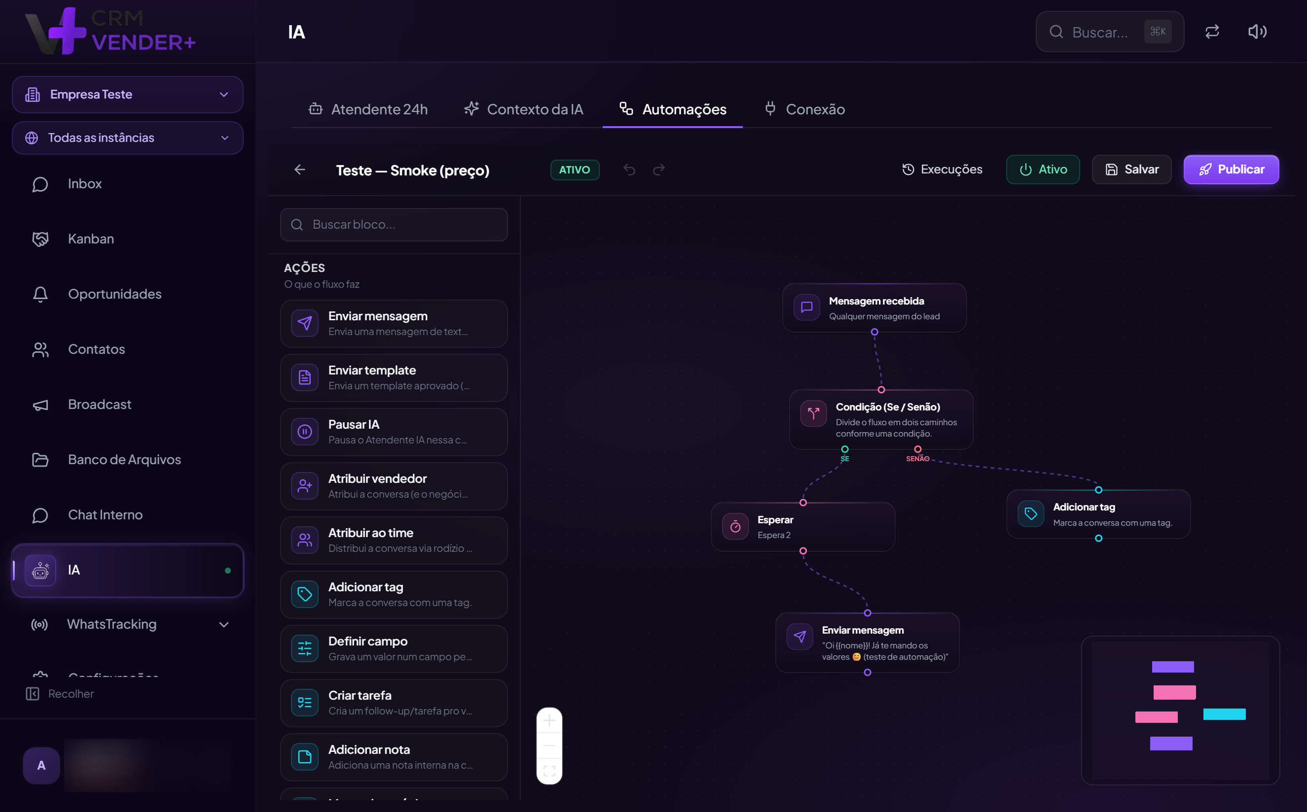 Flow Builder de automações no-code do Vender+ CRM